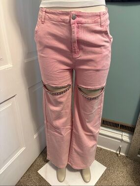 High-Rise Pink Wide-Leg Jeans with Rhinestone Knee Trim